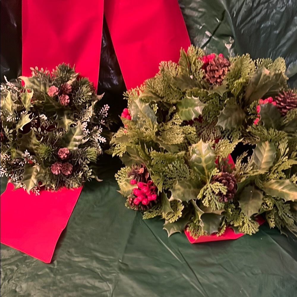 Festive Green and Red Holiday Candle Ring. Set of Two.